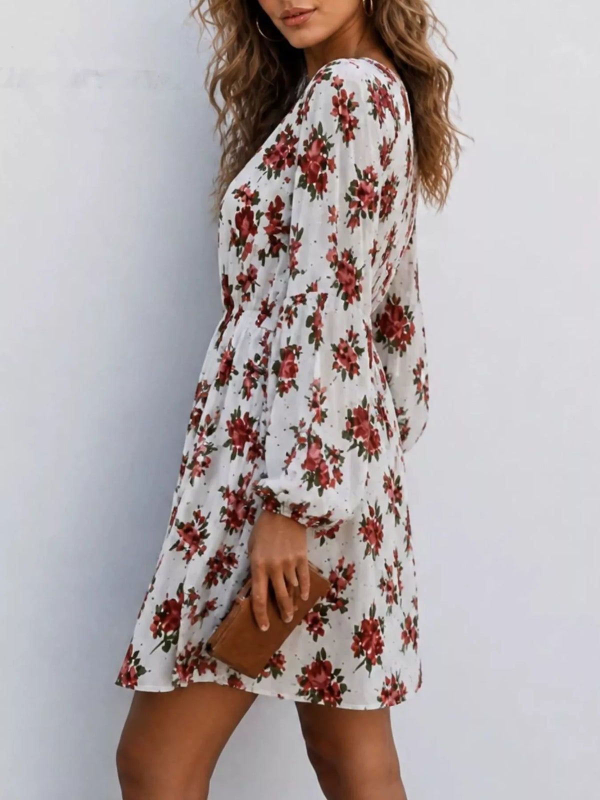 Floral Print V-Neck Long Sleeve Mini Dress - White - View 3