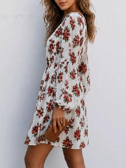 Floral Print V-Neck Long Sleeve Mini Dress - White - View 3
