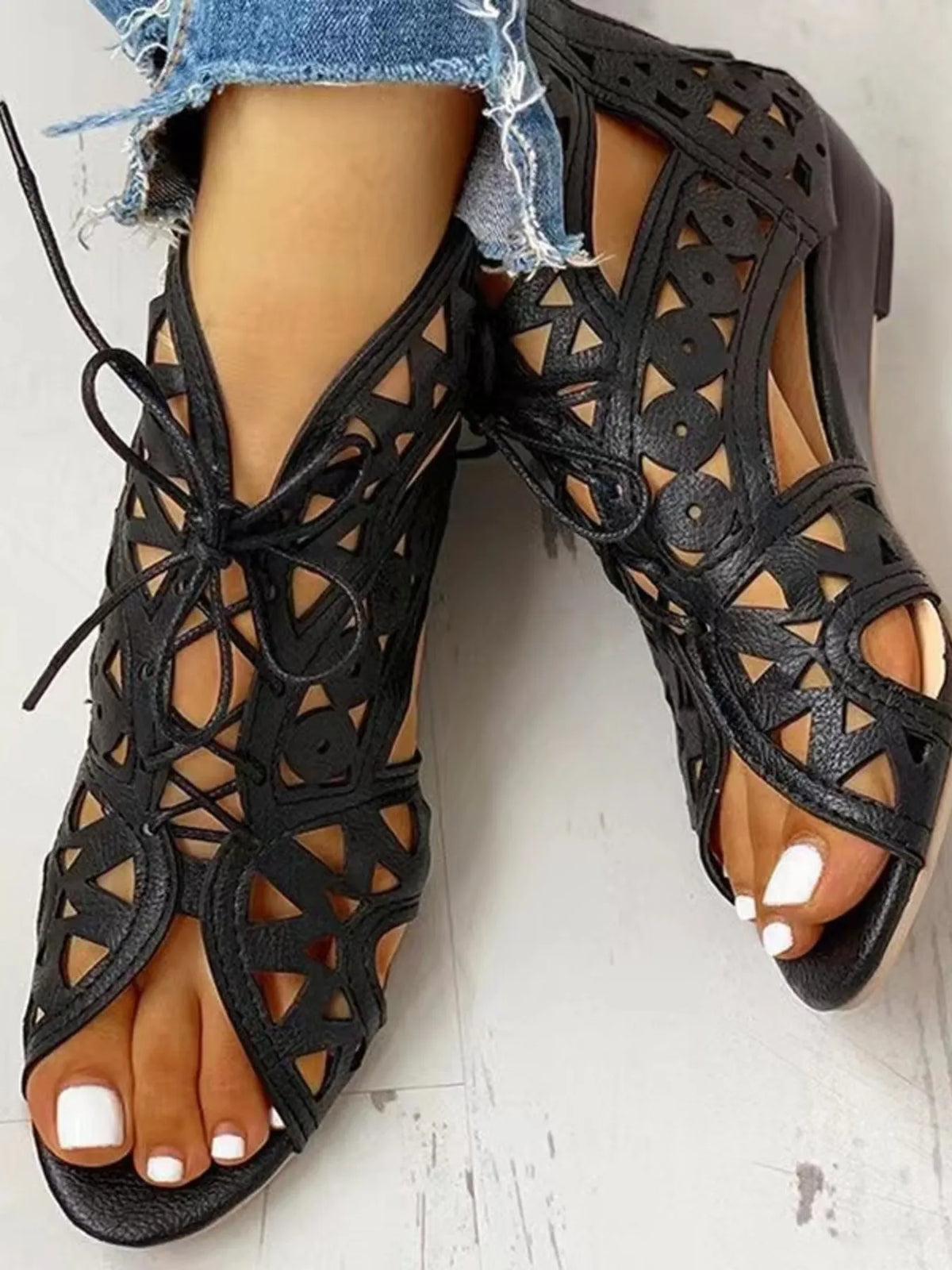 Lace-Up Geometric Cutout Sandals - All Colors - View 1