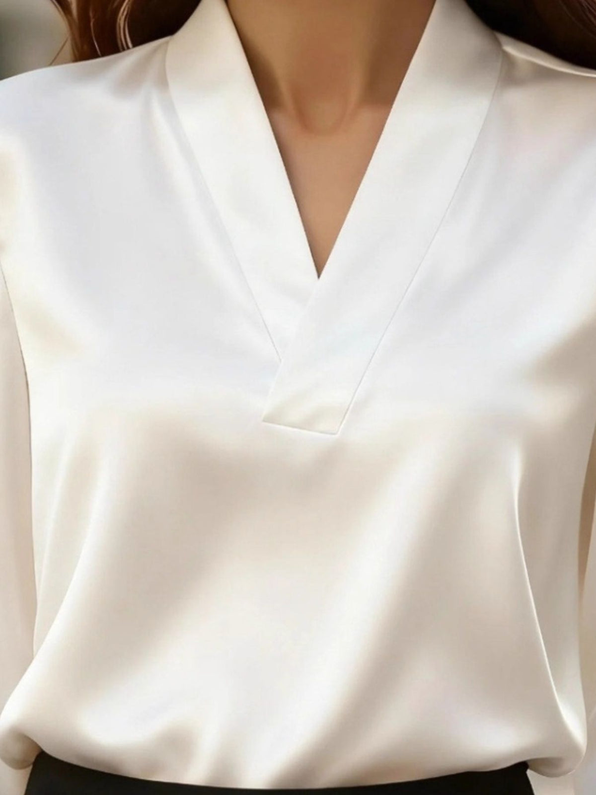 V-Neck Long Sleeve Satin Blouse - White - View 6