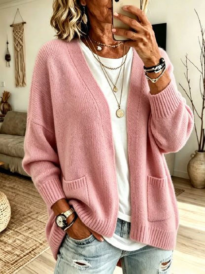 Open Front Knit Cardigan with Pockets - Pink - View 1