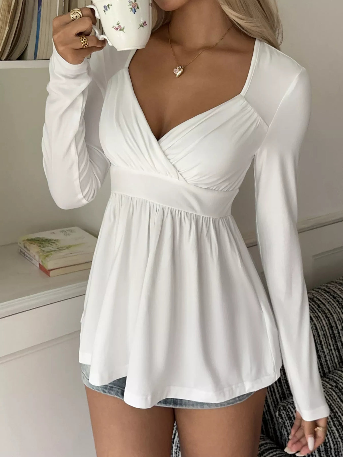 Surplice Peplum Long Sleeve Top - White - View 4