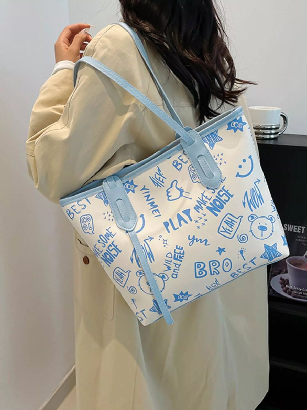 Graffiti Print Casual Tote Bag - Blue - View 15
