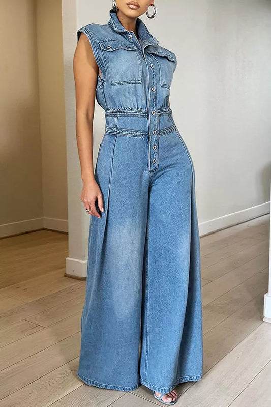 Sleeveless Wide-Leg Denim Jumpsuit with Button-Front - product photo 1