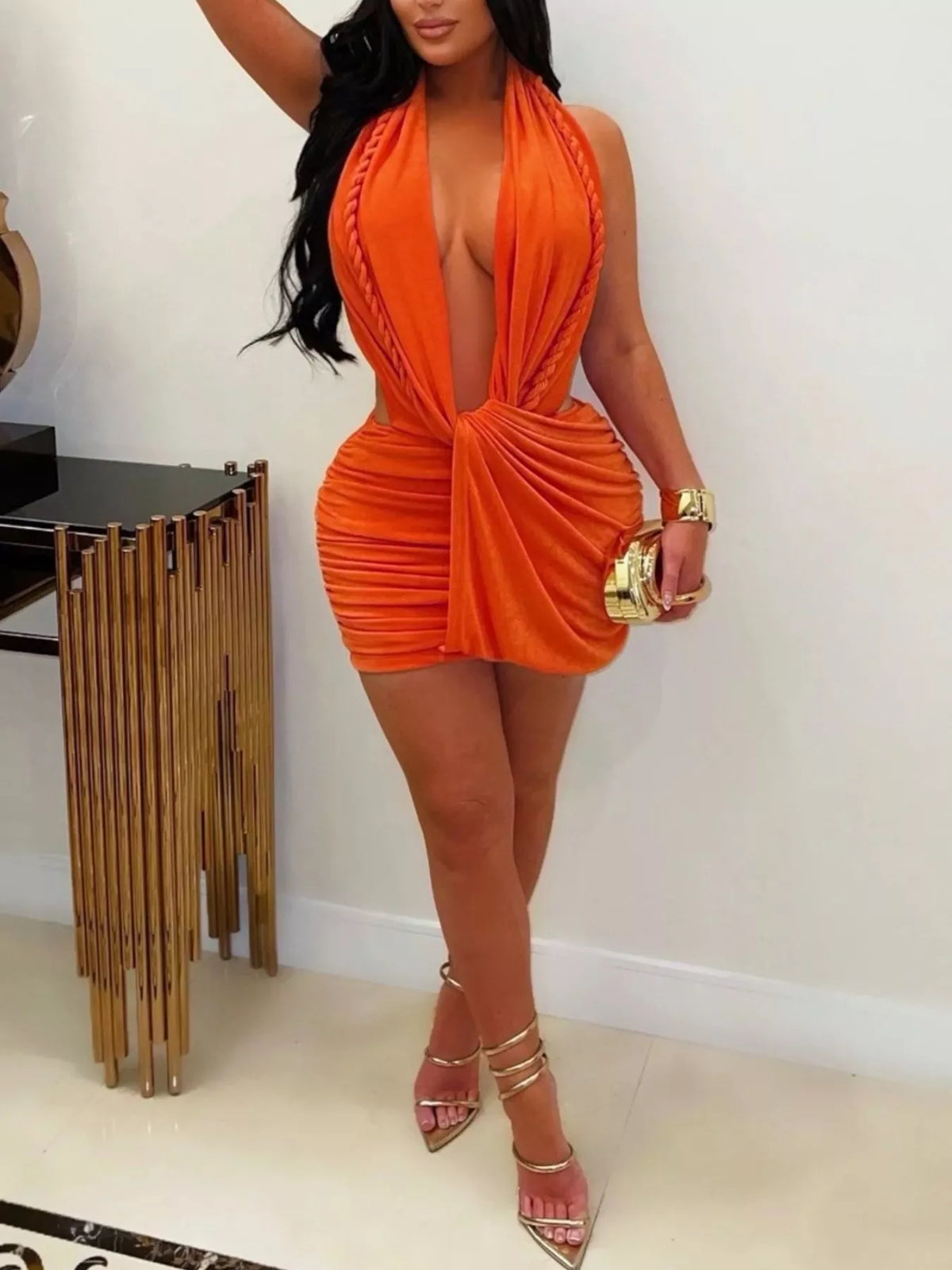 Ruched Halter Neck Bodycon Mini Dress - Orange - View 9