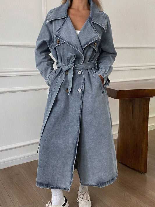 Vintage Washed Longline Denim Trench Jacket - Blue - View 1