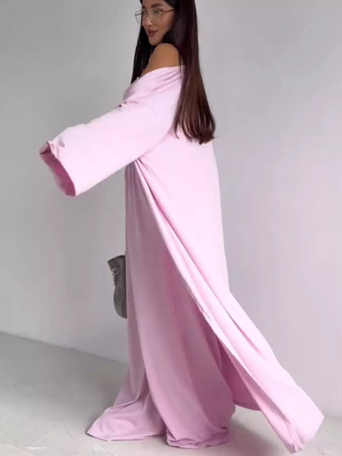 Tube Top & Cardigan & Wide Leg Pants 3-Piece Set - Blush Pink - Styled Three Quarter Rear View