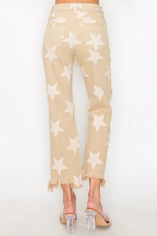 RISEN Full Size High Rise Star Printed Frayed Hem Jeans - product photo 2