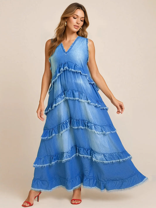 Raw Hem Layered Denim Maxi Dress - product photo 1