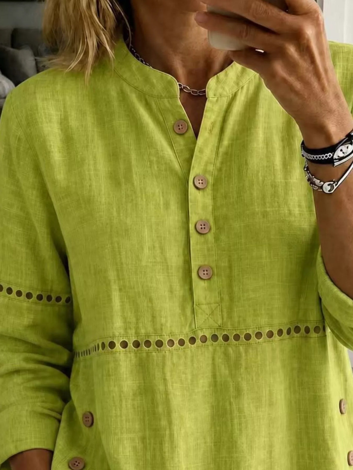 Full Size Button Detail Eyelet Long Sleeve Blouse Plus Size - Fluorescent Yellow - View 2