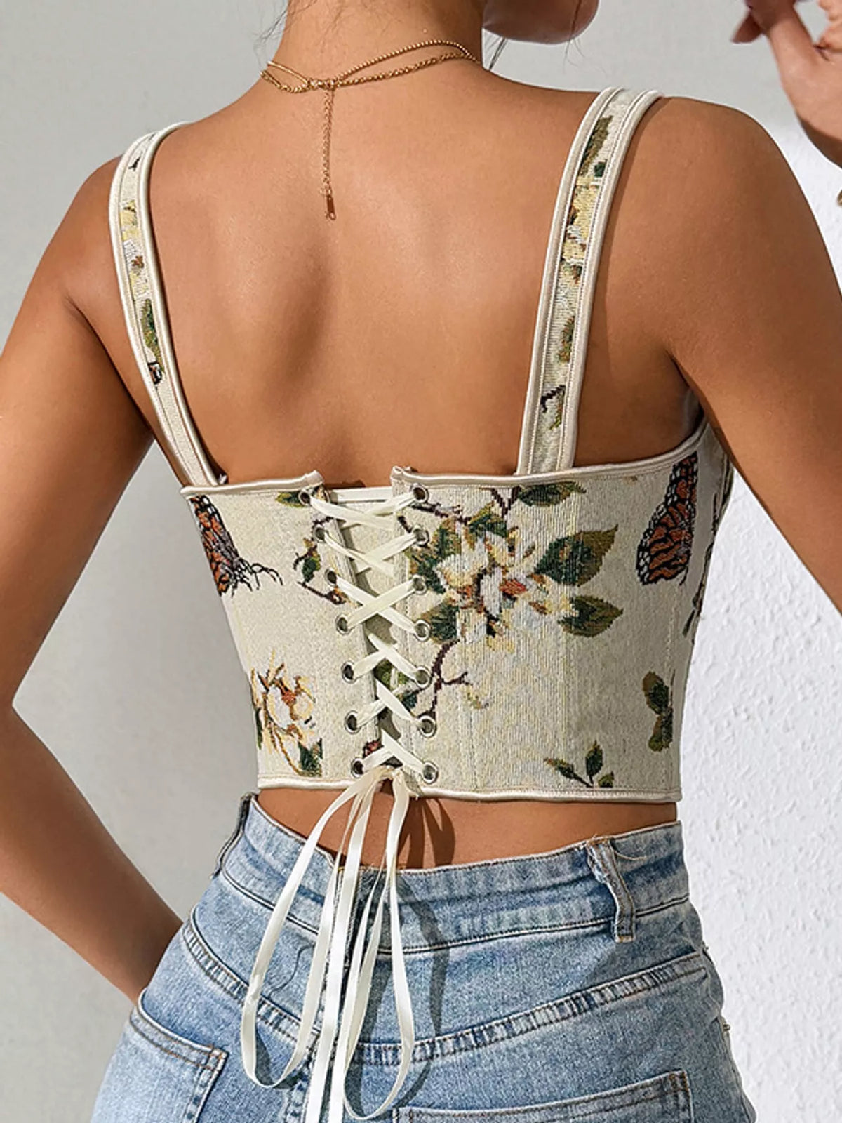 Floral Lace Up Back Tank - Apricot - View 12