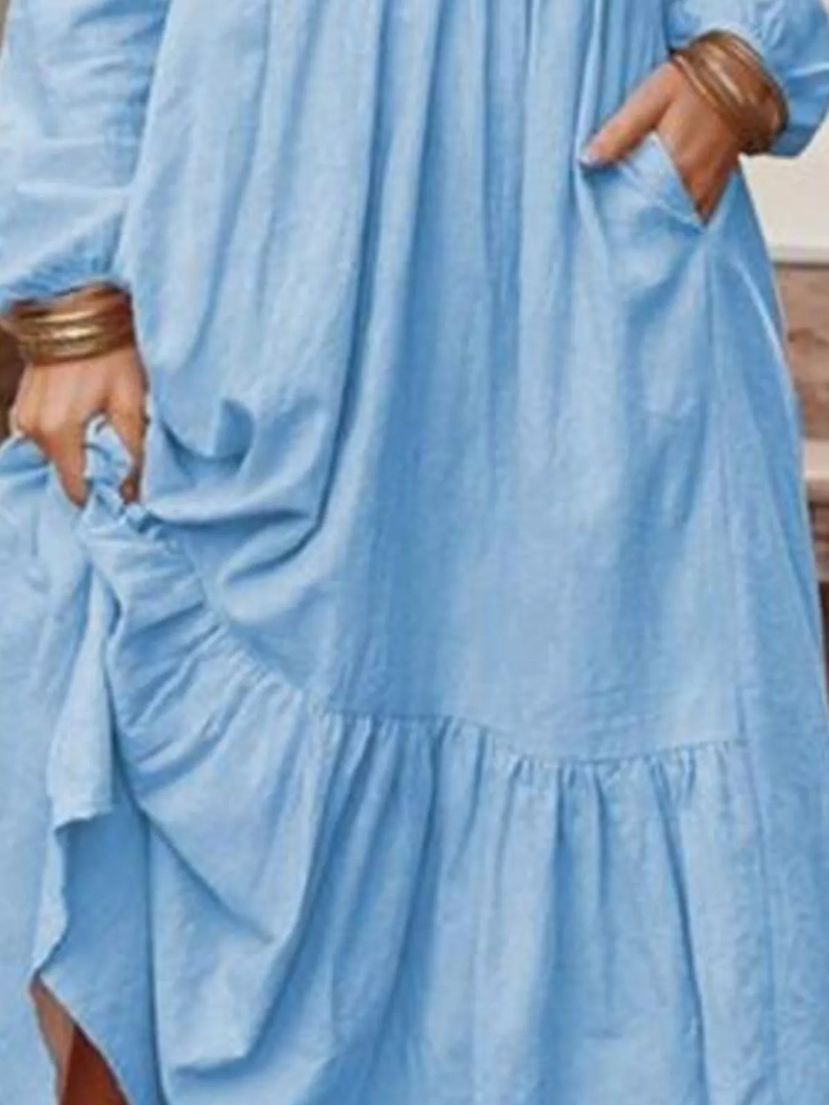 Full Size V-Neck Long Sleeve Tiered Maxi Dress with Pockets Plus Size - Light Blue - View 2