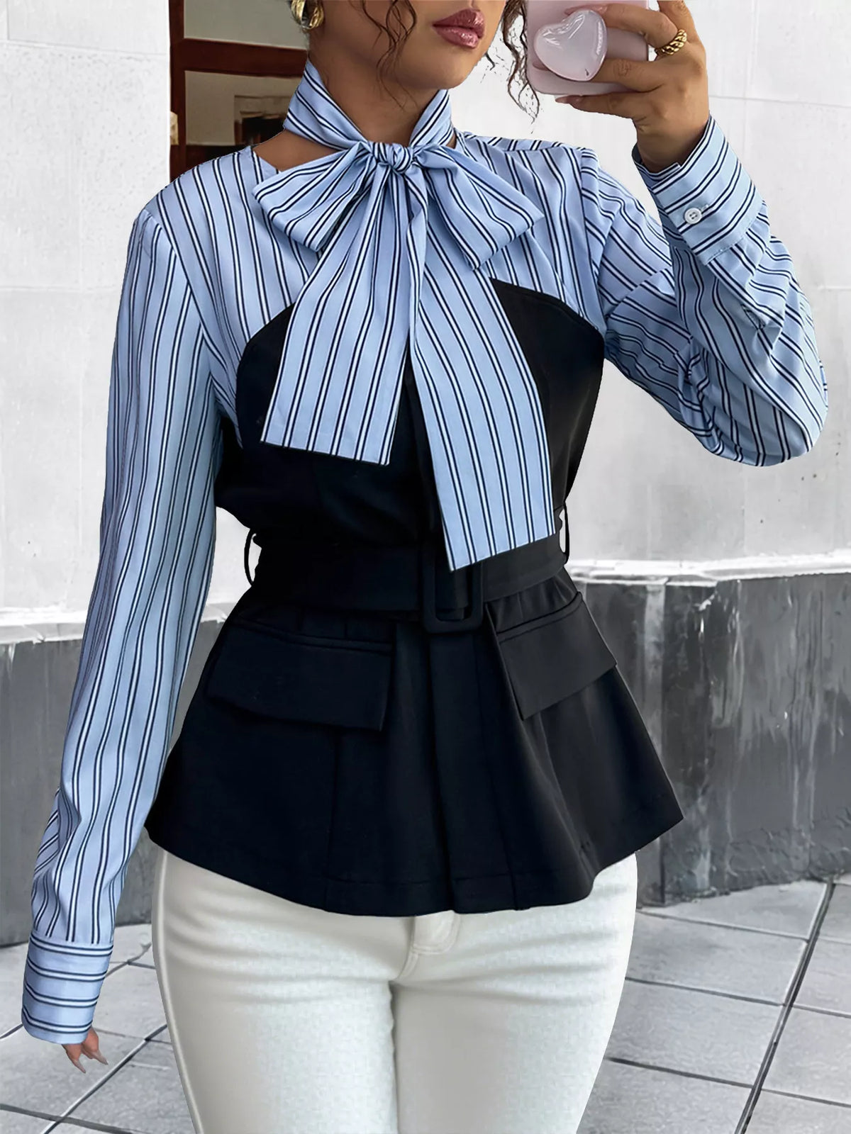 Striped Long Sleeve Blouse with Bow Tie - Blue - View 1