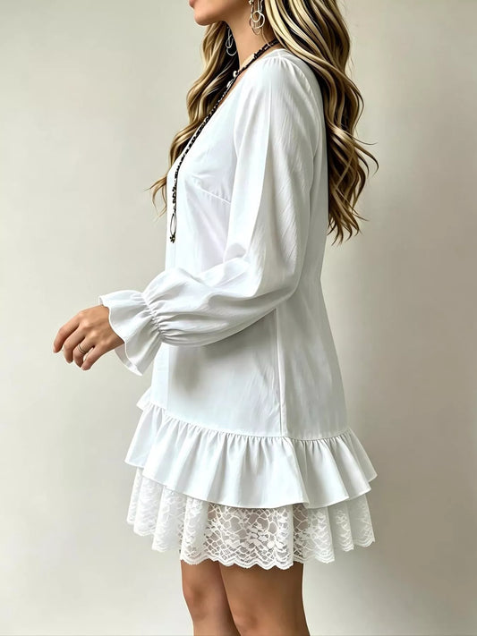 Lace Hem V-Neck Flounce Sleeve Dress - White - View 2