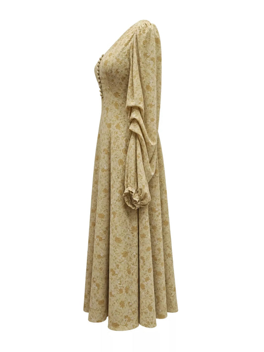 Vintage Floral Print V-Neck Long Sleeve Button-Down Midi Dress - Yellow - Ditsy Floral Dress - View 2