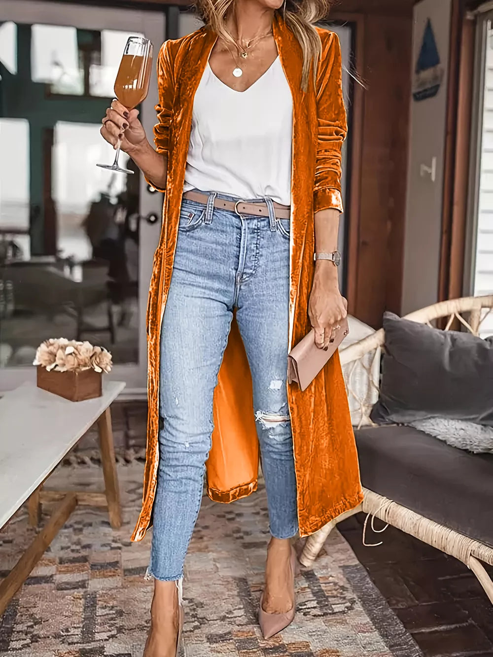 Open Front Long Sleeve Coat - Terracotta - Front View