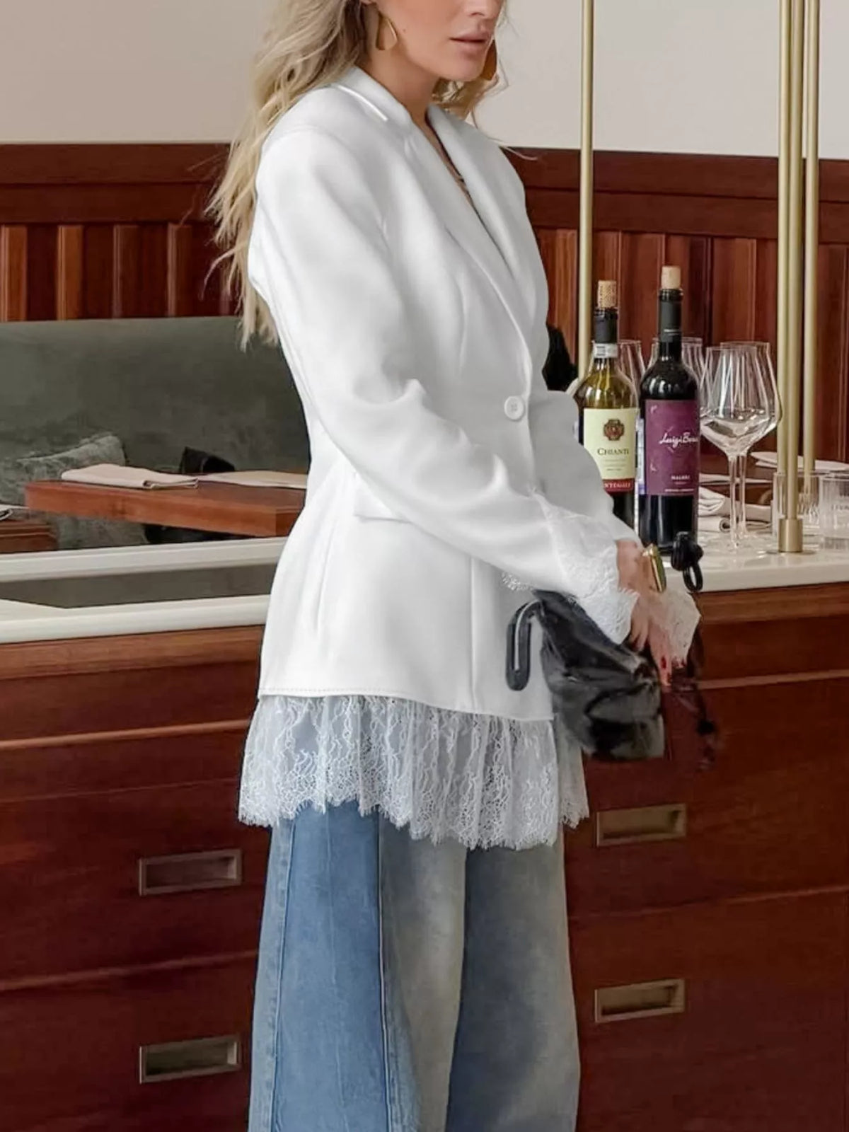 Lace Hem Lapel Collar Blazer - White - View 2