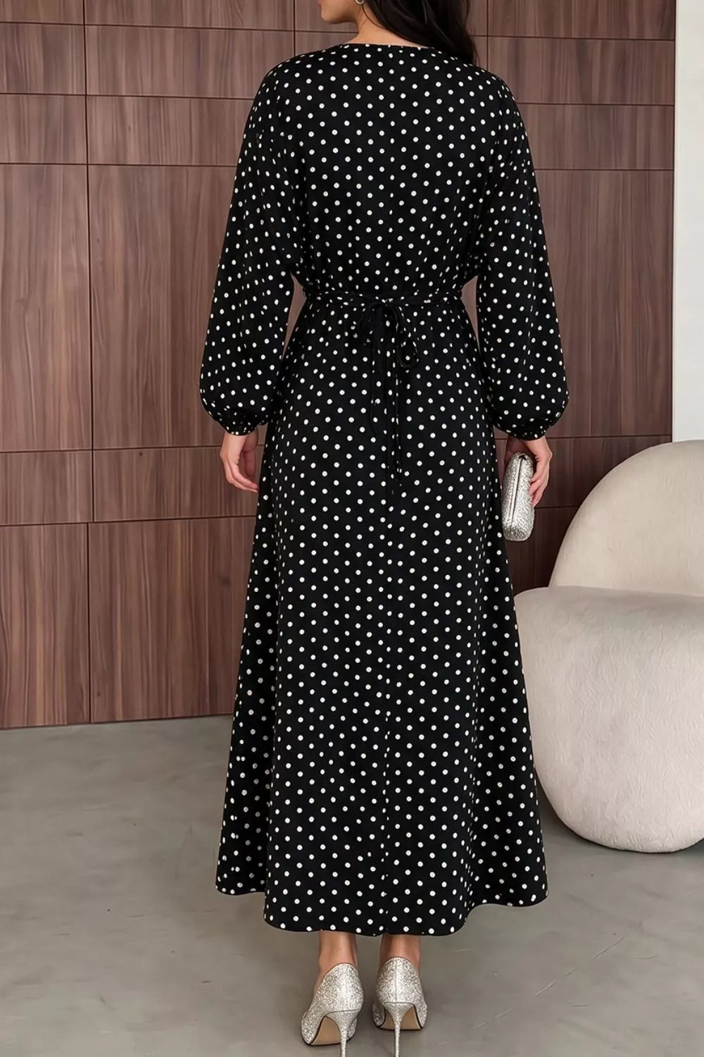 Polka Dot Long Sleeve Maxi Dress - Black - View 3