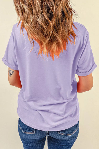 Halloween Spooky Letter Graphic Round Neck Casual T Shirt - Pink Purple - View 3