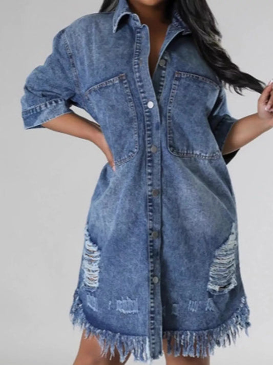 Plus Size Distressed Frayed Hem Button-Down Denim Dress - Dark Blue - View 2