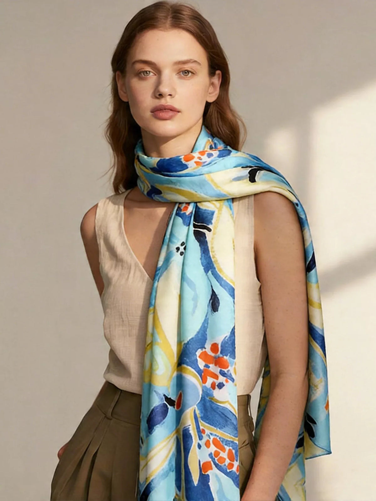 Elegant Abstract Floral Print Silk Scarf