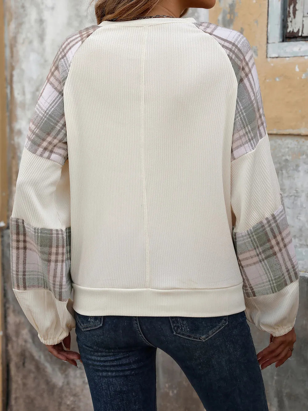 Perfee Plaid Round Neck Long Sleeve Sweatshirt - Cream - Rear View