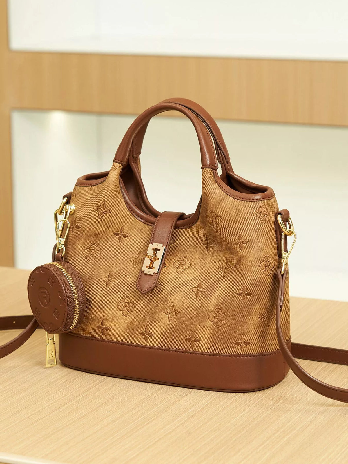 Embossed Crossbody Bag with Detachable Coin Pouch - Brown - View 10