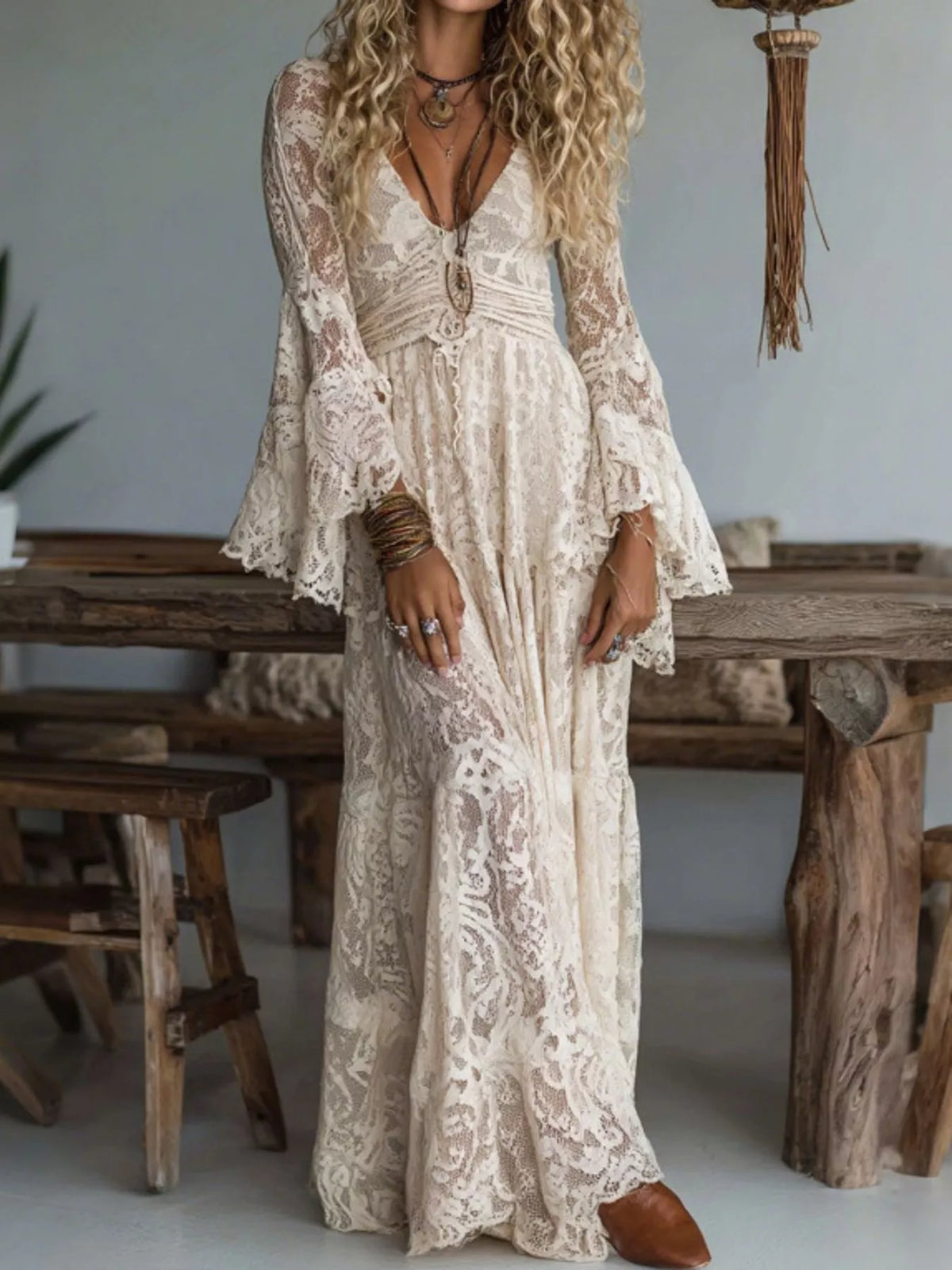V-Neck Lace Flare Sleeve Maxi Dress - Apricot - View 1