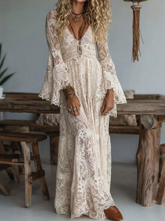 V-Neck Lace Flare Sleeve Maxi Dress - Apricot - View 1