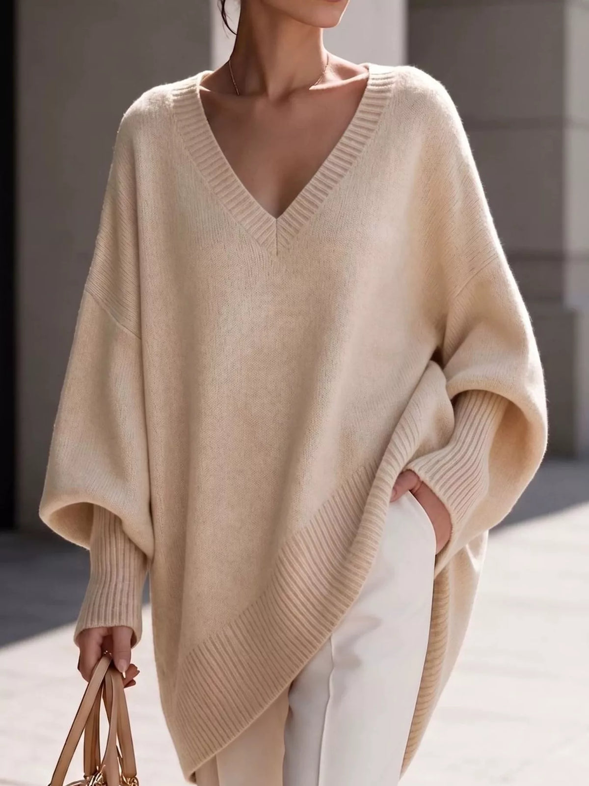 Full Size V-Neck Oversized Batwing Sleeve Sweater Plus Size - Apricot - View 11