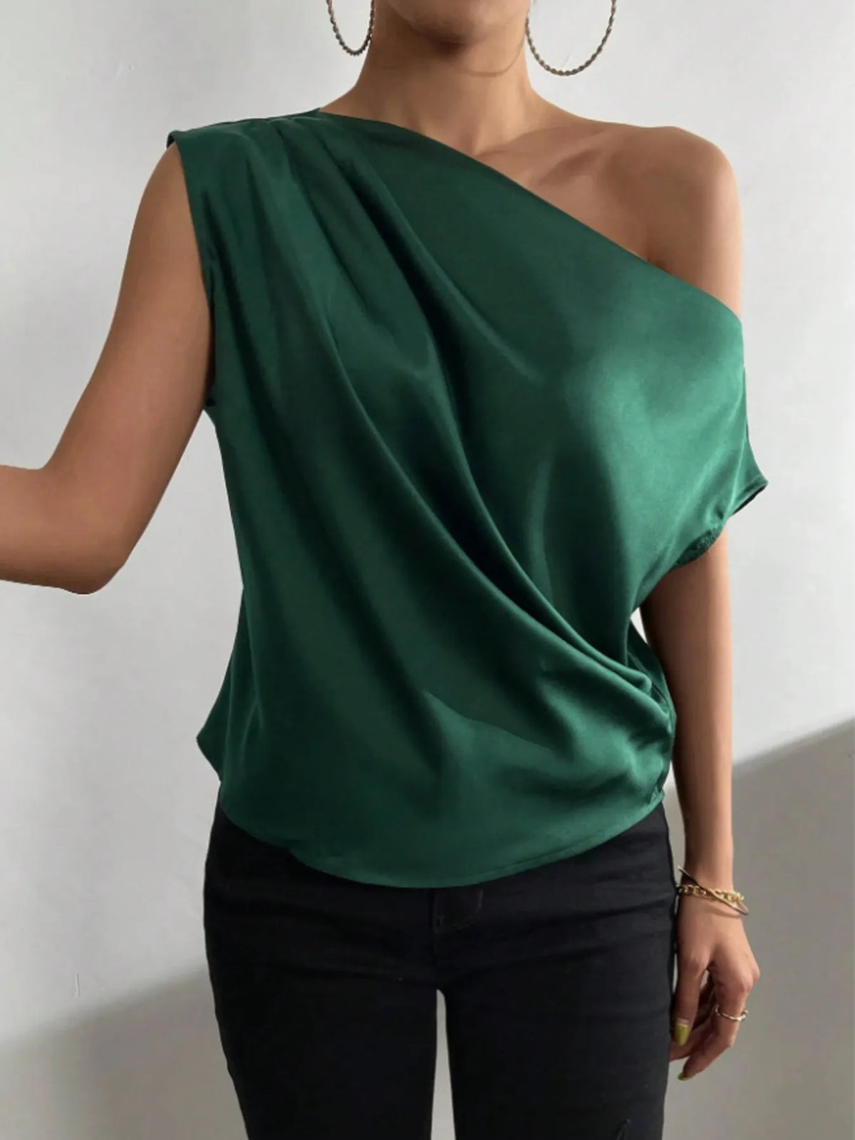 Asymmetrical One-Shoulder Draped Blouse - Dark Green - View 3
