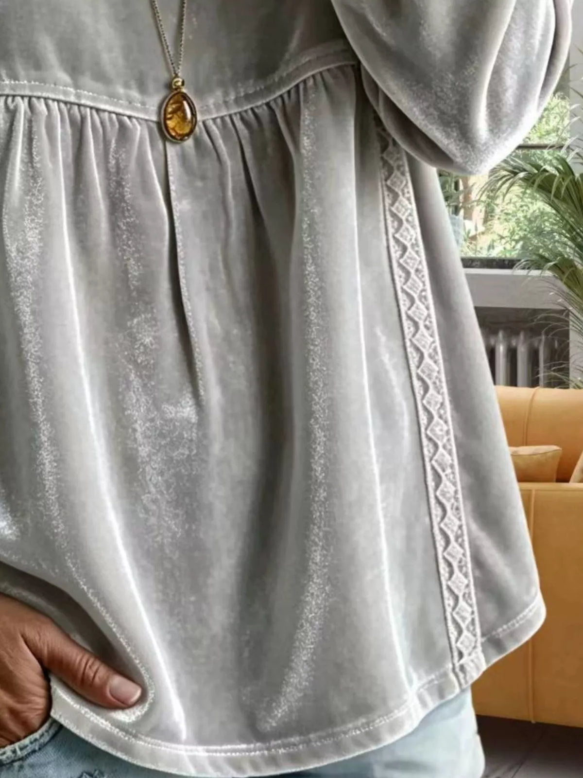 Full Size Velvet Lace Detail V-Neck Blouse Plus Size - Gray - View 12