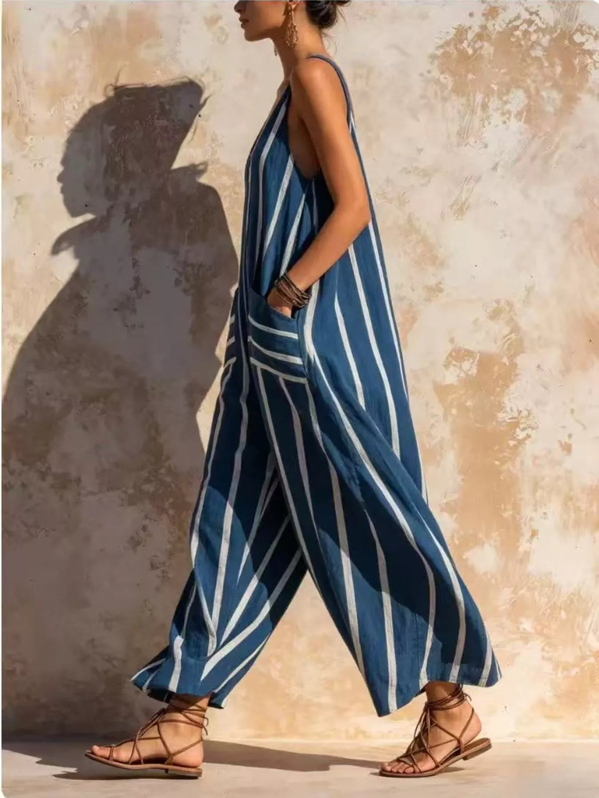 Striped V-Neck Sleeveless Wide-Leg Jumpsuit - Dusty Blue - View 2