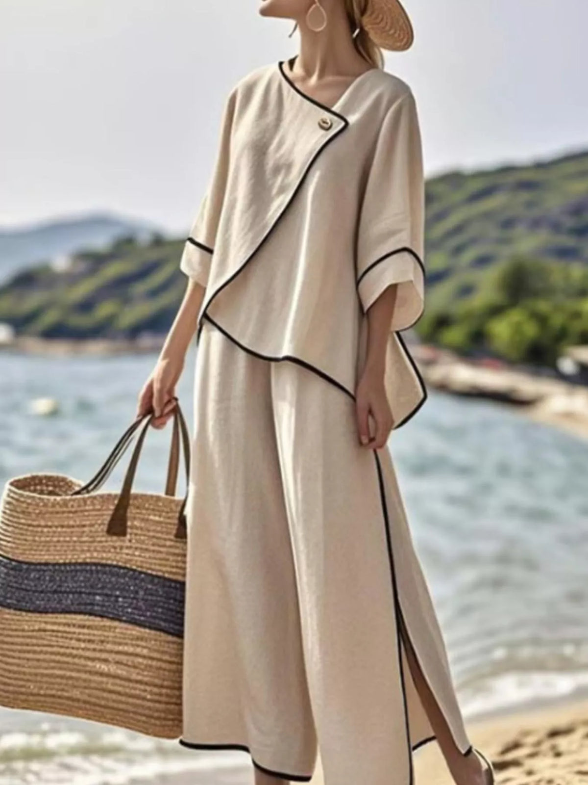 Full Size Contrast Trim Top and Wide Leg Pants Set Plus Size - Khaki - View 2