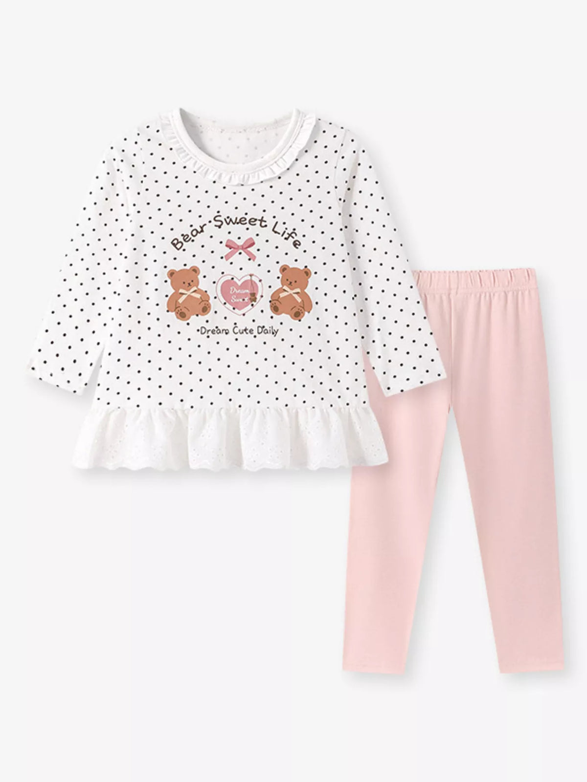 Children's Polka Dot Bear Long-Sleeve Top and Leggings Set - White - View 3