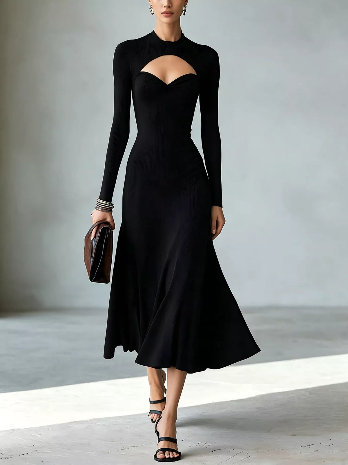 Full Size Mock Neck Cut-Out Long Sleeve Midi Dress Plus Size - Black - View 1