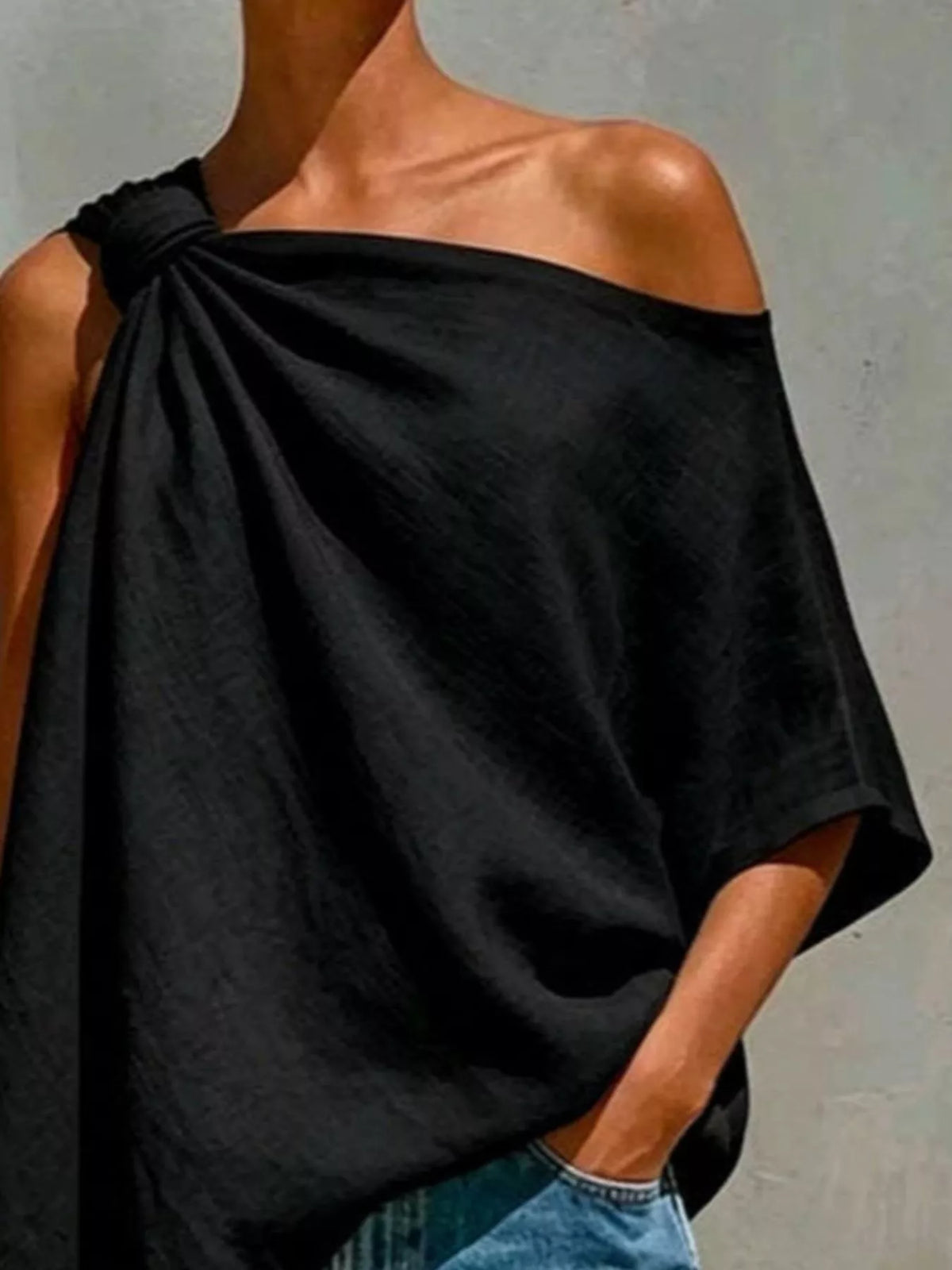 Full Size One-Shoulder Knot Detail Blouse Plus Size - Black - View 3