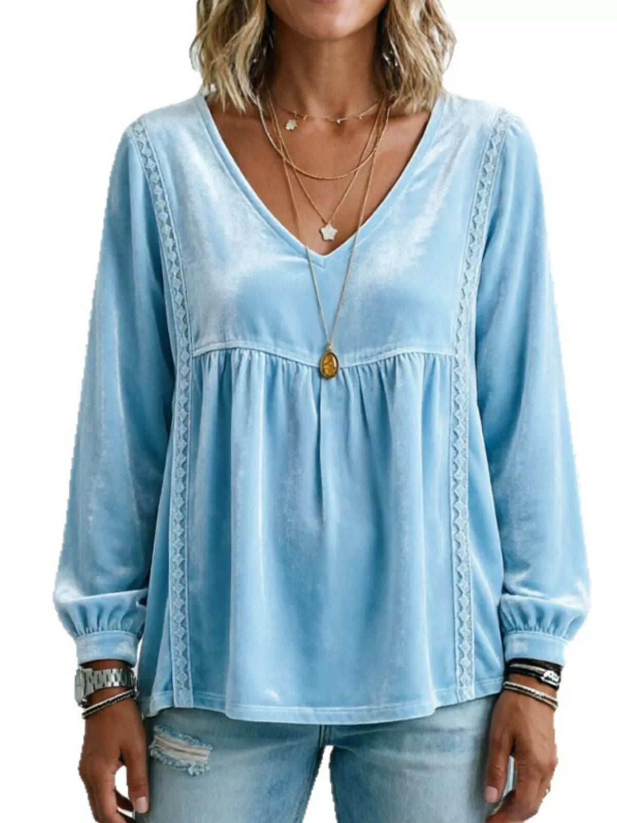 Full Size V-Neck Long Sleeve Velvet Blouse with Lace Trim Plus Size - Sky Blue - View 1