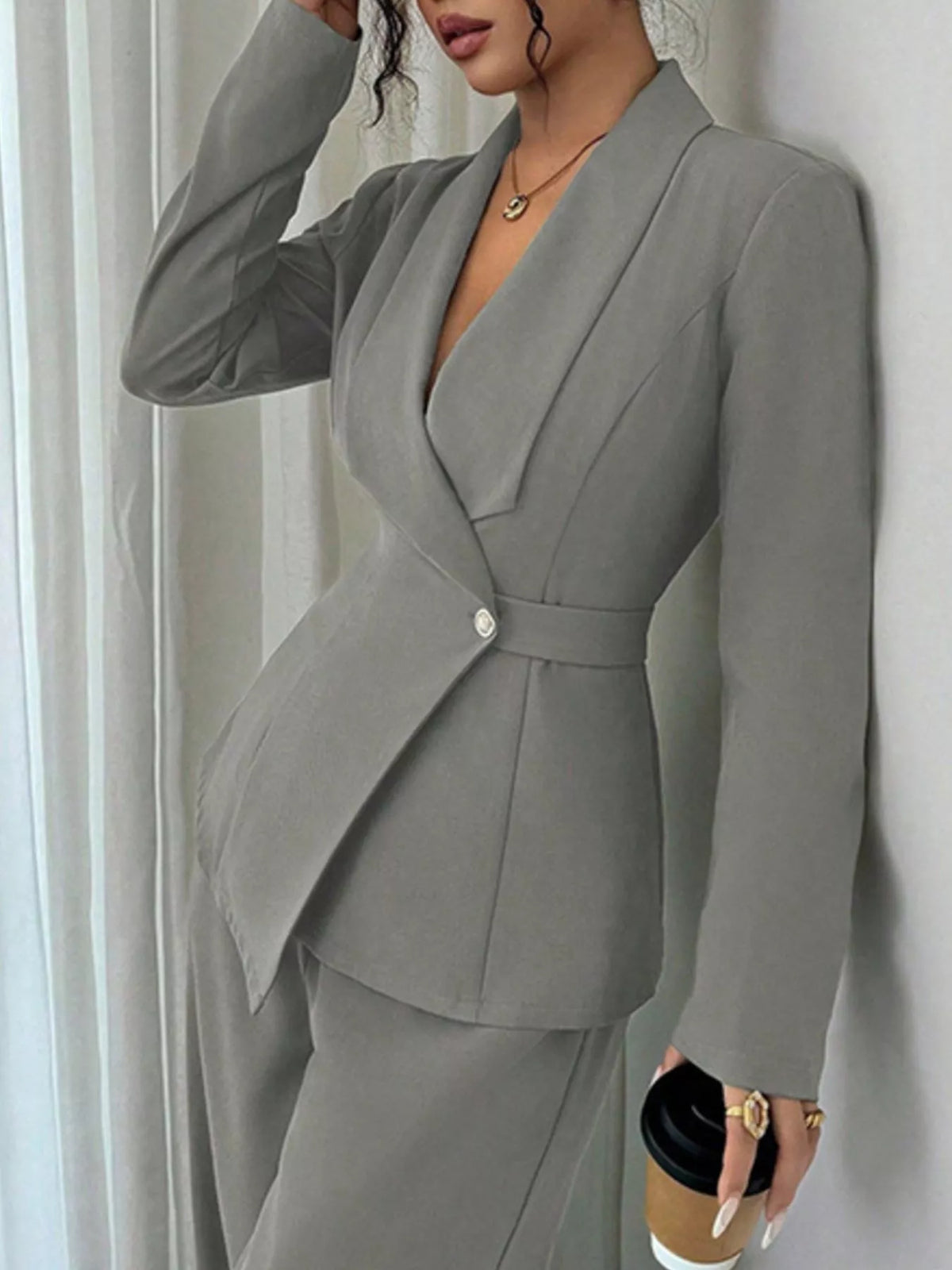One Button Blazer and Pants Set - Gray - View 21