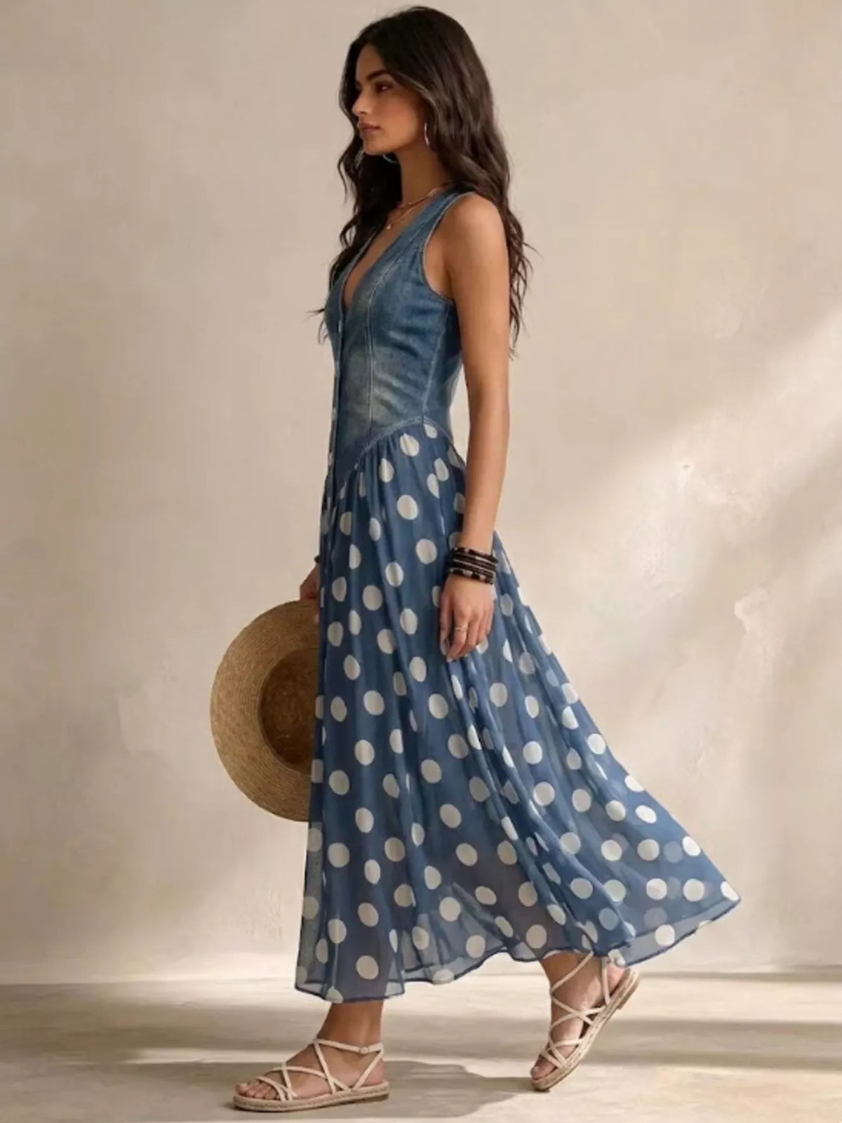 Polka Dot Denim Bodice Sleeveless Maxi Dress - Medium - View 3