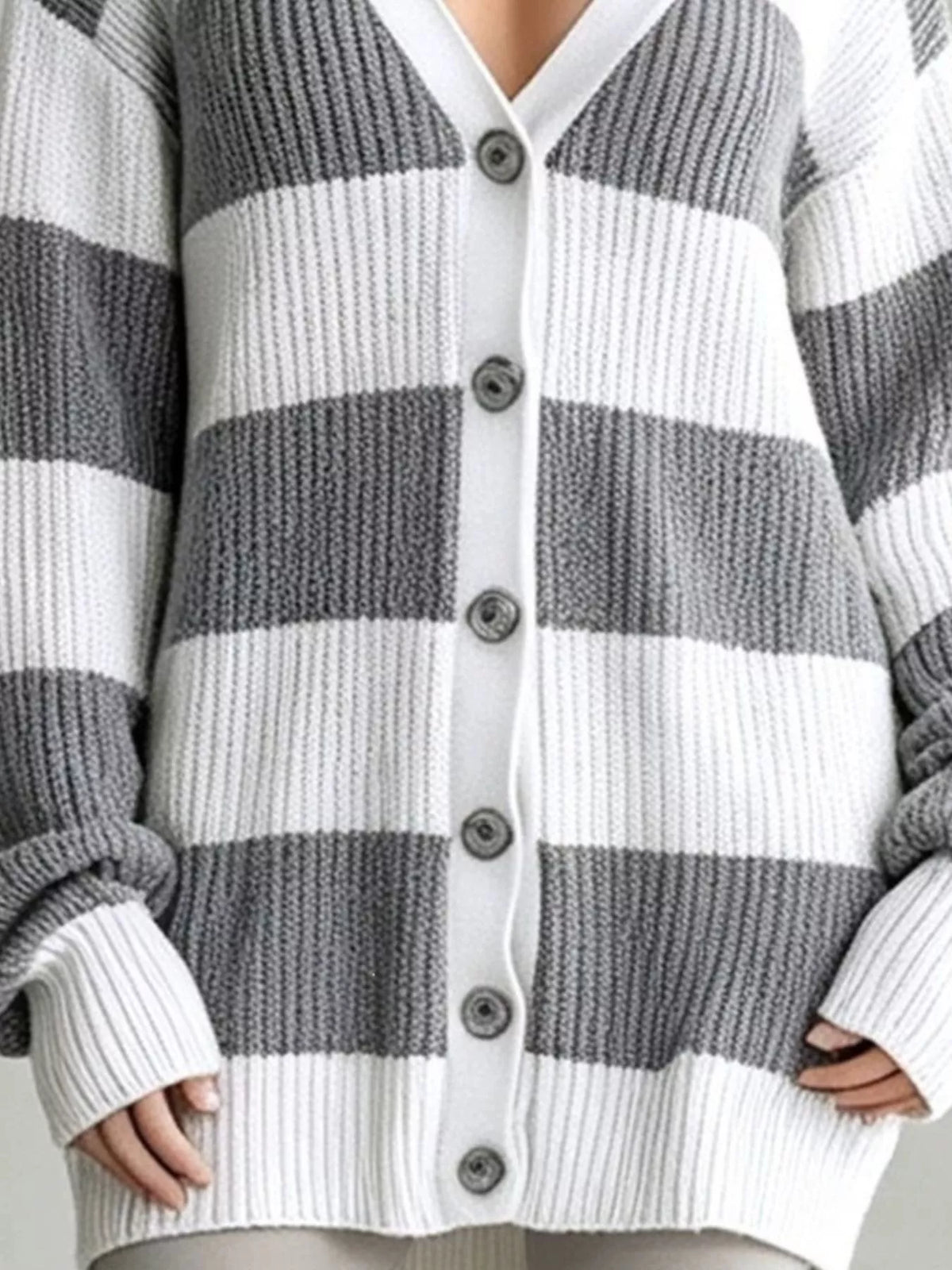 Striped V-Neck Button-Down Cardigan - Gray - View 9