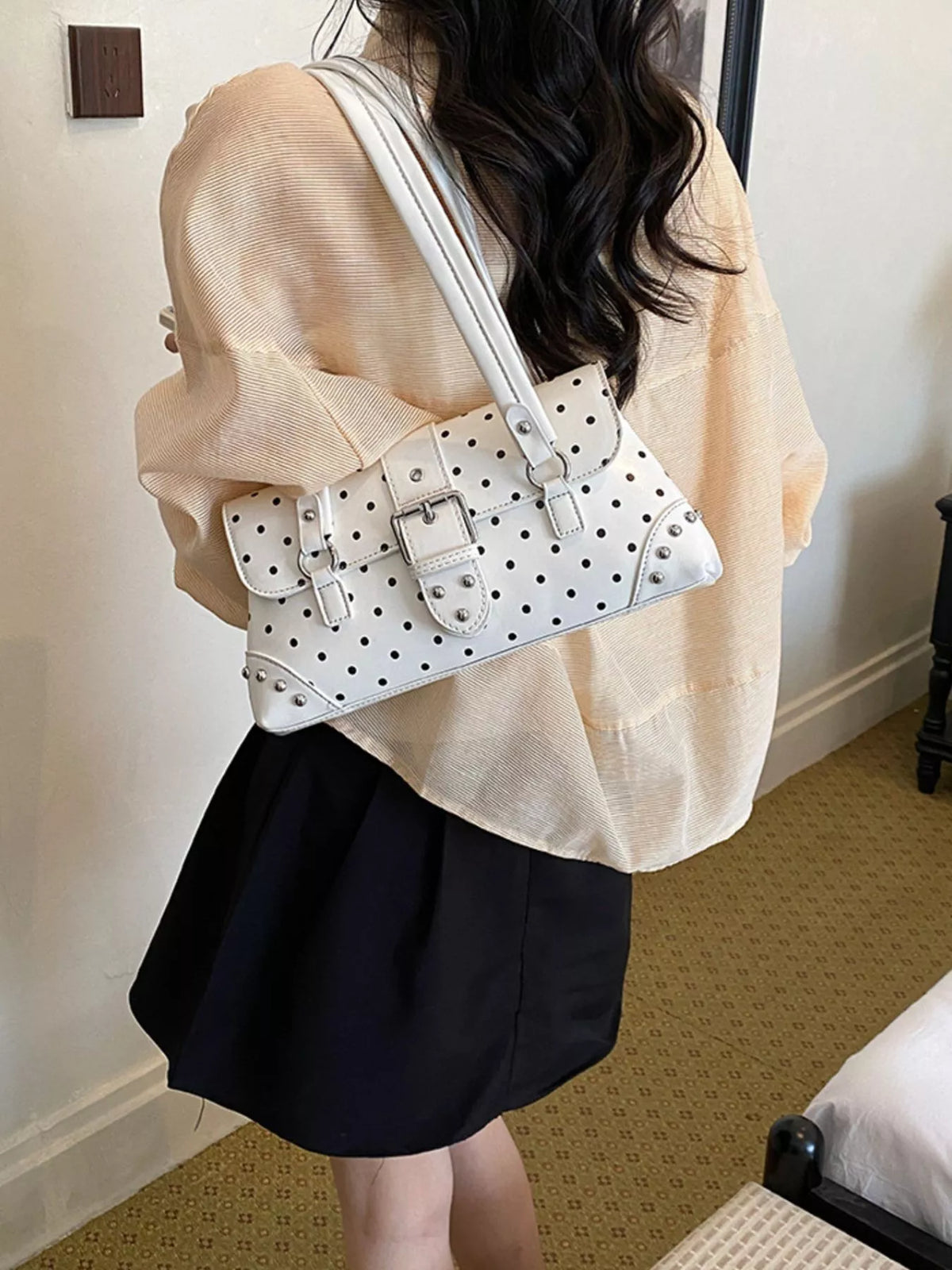 Polka Dot Studded Shoulder Bag - White - View 5