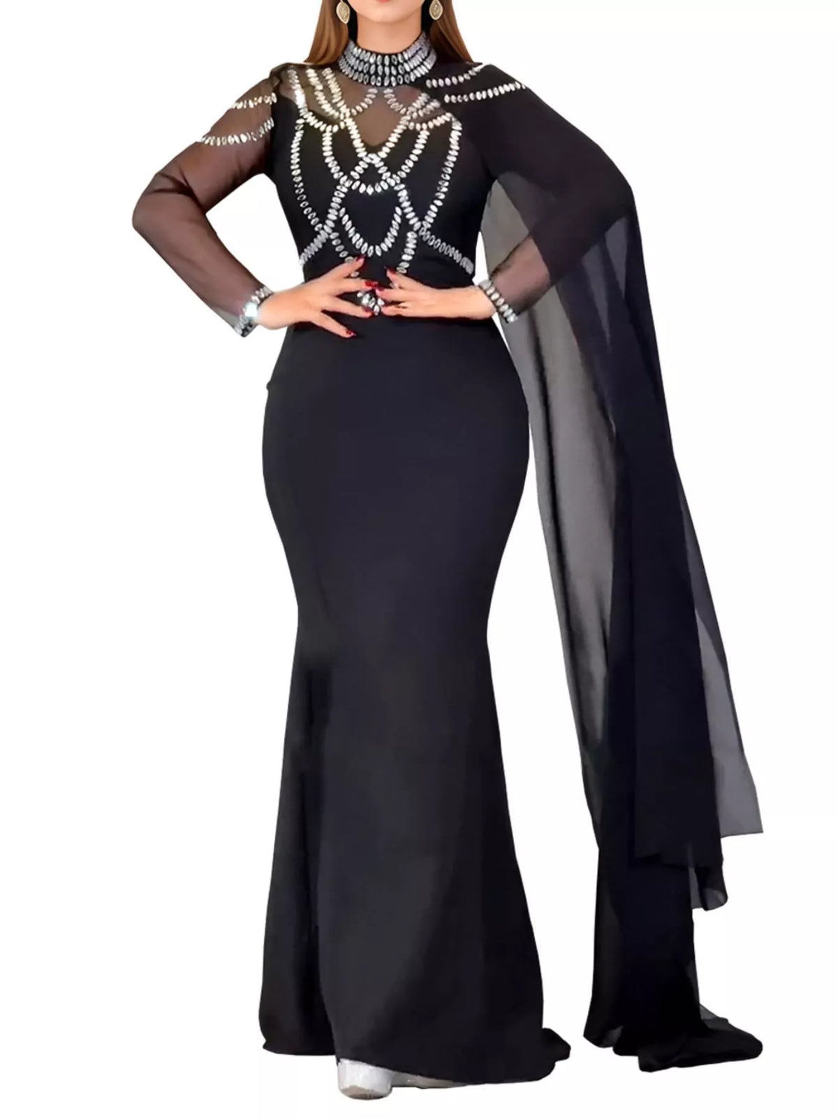Rhinestone Slit Maxi Dress with Sheer Cape Sleeves - Silver - View 3