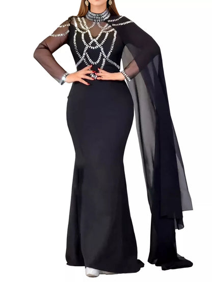 Rhinestone Slit Maxi Dress with Sheer Cape Sleeves - Silver - View 3