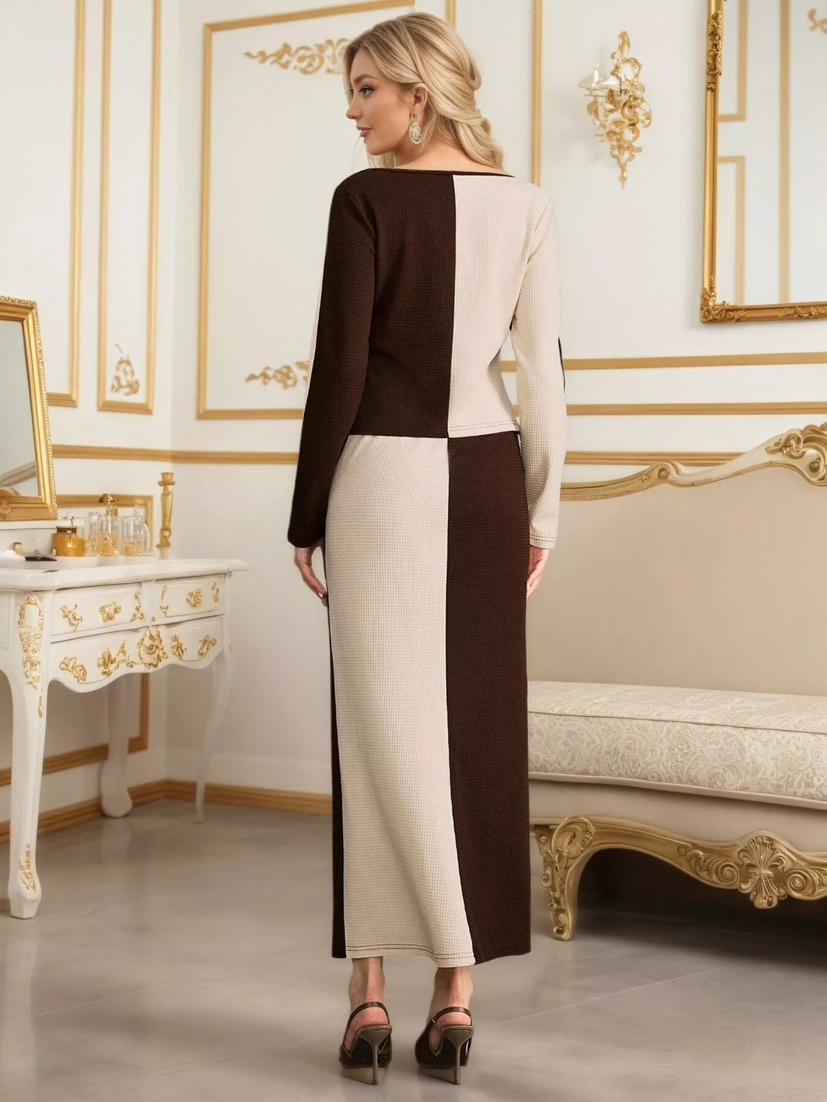 Two-Tone Long Sleeve Top and Maxi Skirt Set - Apricot - View 4