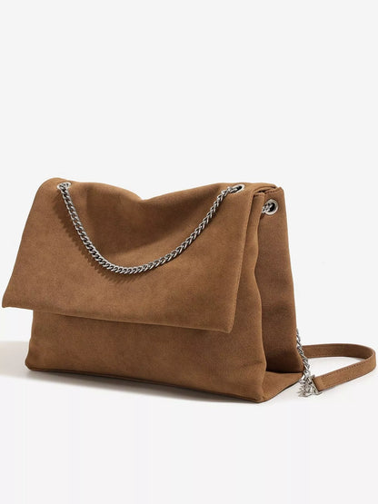 Suede Shoulder Bag with Metallic Chain Strap - Brown - View 4