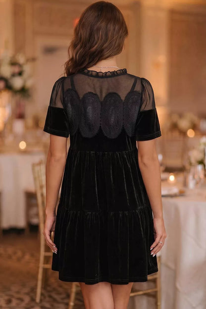 Embroidered Velvet Short Sleeve Mini Shift Dress - Black - View 2