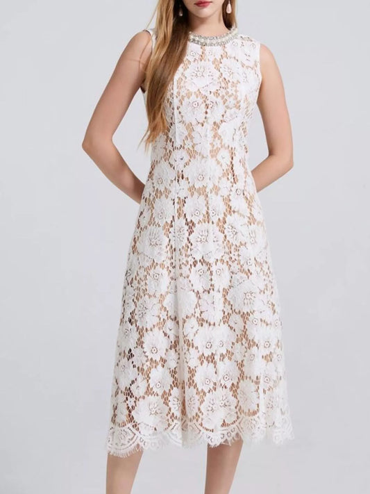 Pearl Neckline Sleeveless Lace Dress, view 2 - White