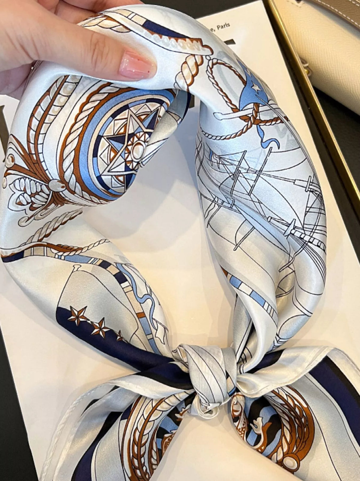 Nautical Print Silk Square Scarf - Ivory - View 6
