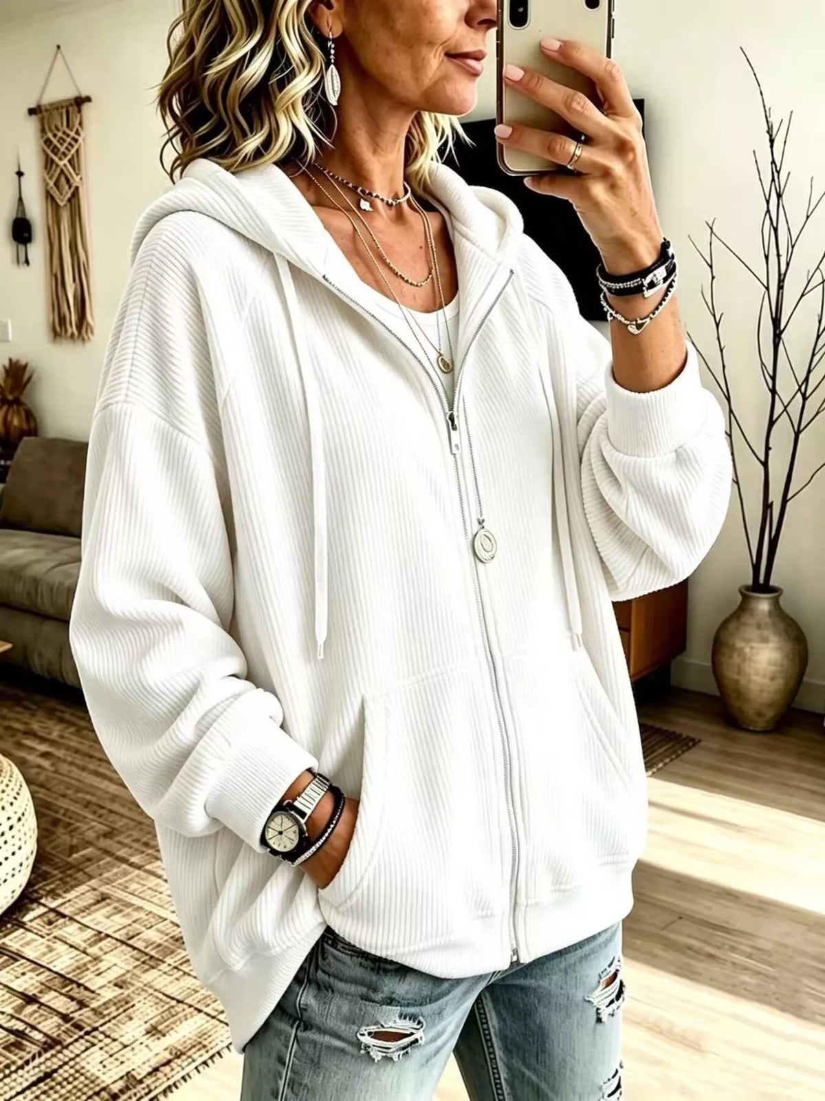Ribbed Knit Quarter-Zip Hoodie with Kangaroo Pocket - White - View 1